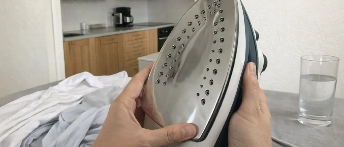 Händer som håller ett strykjärn och undersöker sulan i ett ljust svenskt kök